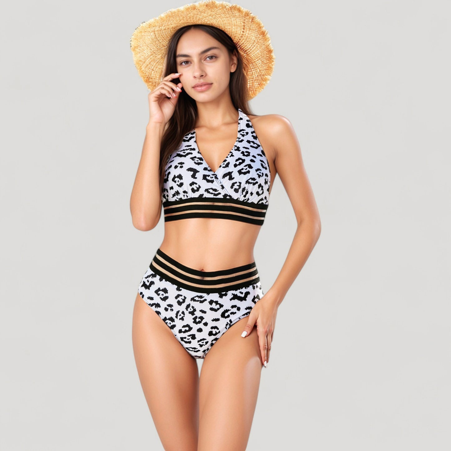 Anna-Kaci Swim Women's Leopard Print Bikini Set with Striped Elastic Halter Top and High Waist Bottoms for a Sporty Wild Look