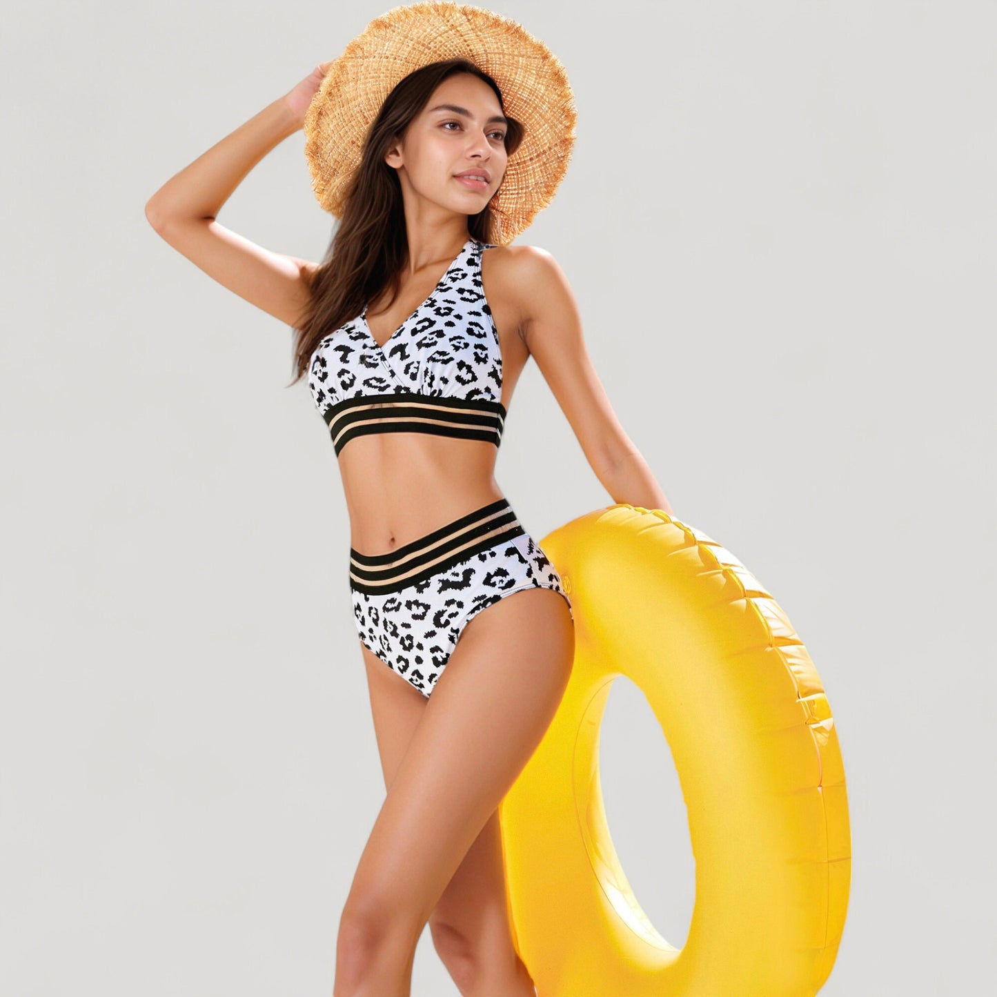 Anna-Kaci Swim Women's Leopard Print Bikini Set with Striped Elastic Halter Top and High Waist Bottoms for a Sporty Wild Look