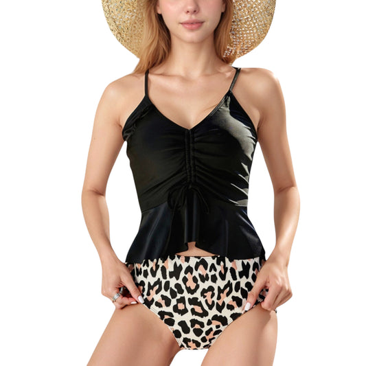 Anna-Kaci Swim Women's Ruched Tankini Top with Adjustable Drawstring and Leopard High Waist Bottoms for a Chic and Confident Swim Look