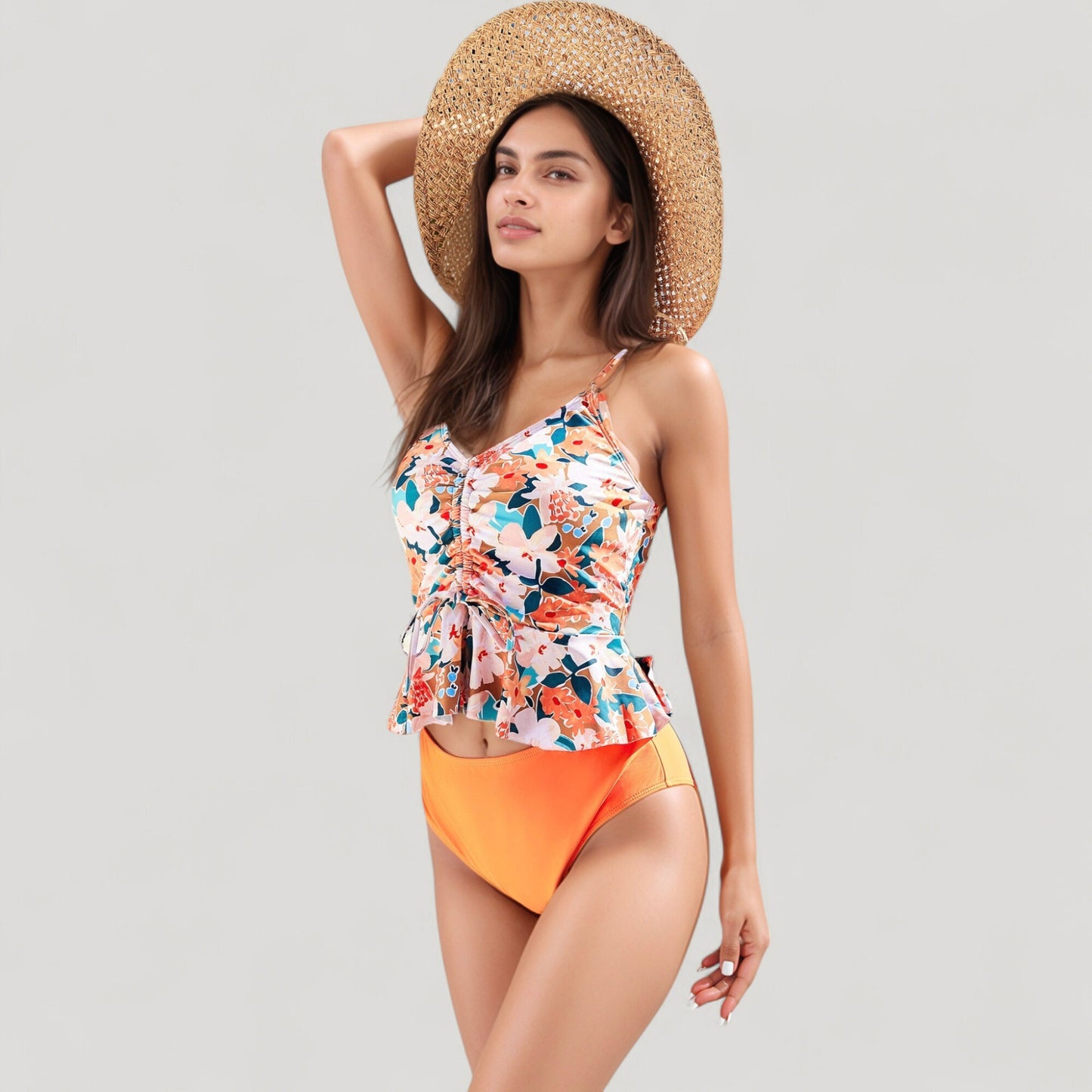 Anna-Kaci Swim Women's Ruched Tankini Top with Adjustable Drawstring and Leopard High Waist Bottoms for a Chic and Confident Swim Look