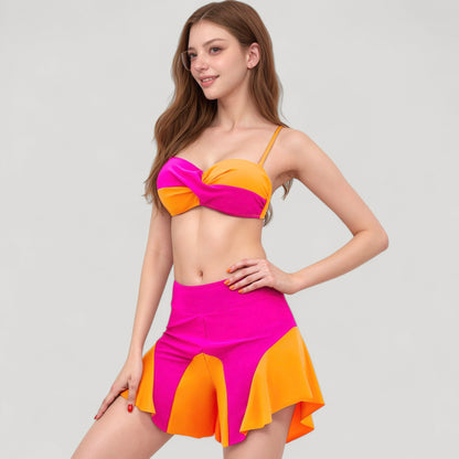 Anna-Kaci Swim Women's Colorblock Twist Bikini Top with Flared Swim Skirt Bottom for Playful and Sporty Beachwear Look