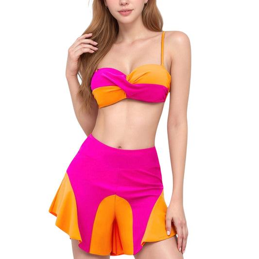 Anna-Kaci Swim Women's Colorblock Twist Bikini Top with Flared Swim Skirt Bottom for Playful and Sporty Beachwear Look
