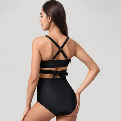 Anna-Kaci Swim Women's Wrap Bikini Top with Mesh High Waist Bottom for Sleek and Modern Two-Piece Swimsuit Look