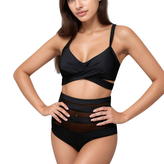 Anna-Kaci Swim Women's Wrap Bikini Top with Mesh High Waist Bottom for Sleek and Modern Two-Piece Swimsuit Look