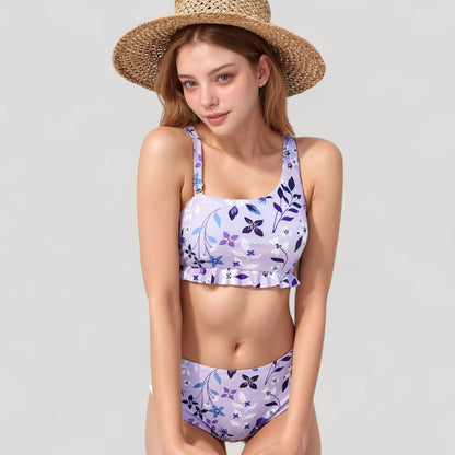 Anna-Kaci Swim Women's Floral Print Ruffle Trim Bikini Set with Scoop Neck Crop Top and High Waist Bottom