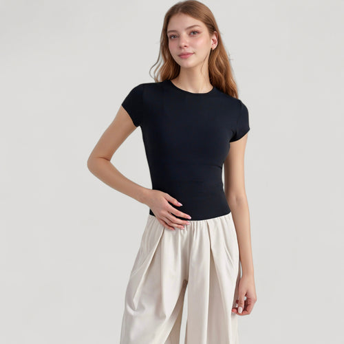 Anna-Kaci Active Women's Short Sleeve Fitted Crew Neck Top with Stretch Fabric for a Sleek and Comfortable Everyday Look