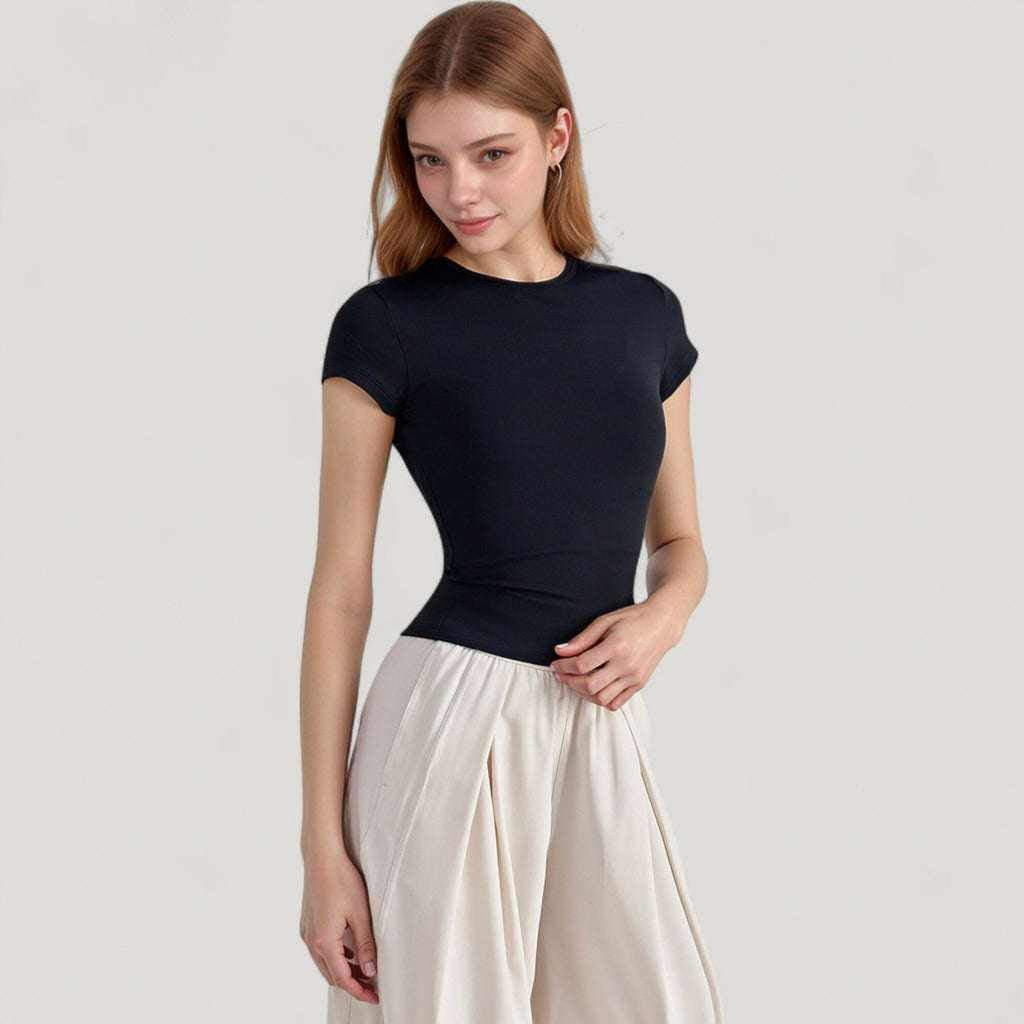 Anna-Kaci Active Women's Short Sleeve Fitted Crew Neck Top with Stretch Fabric for a Sleek and Comfortable Everyday Look