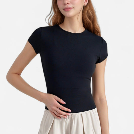 Anna-Kaci Active Women's Short Sleeve Fitted Crew Neck Top with Stretch Fabric for a Sleek and Comfortable Everyday Look