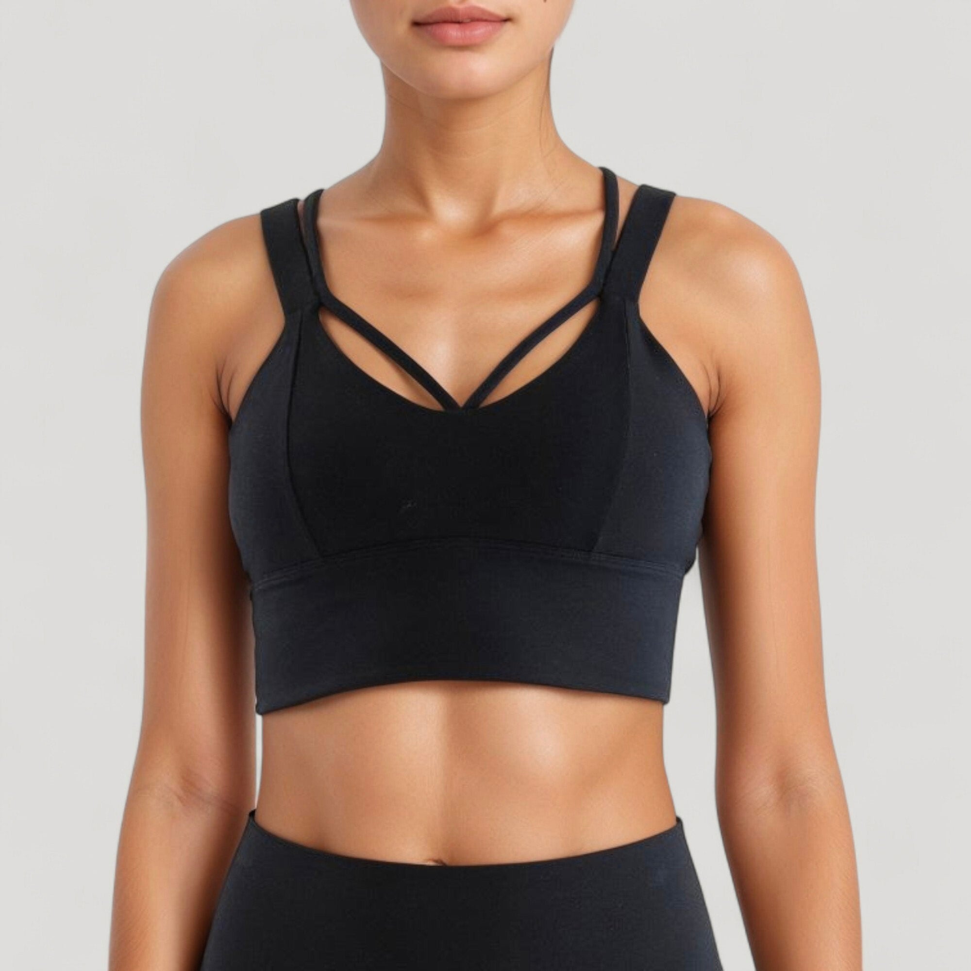 Anna-Kaci Active Women's Strappy V Neck Sports Bra Top with Wide Shoulder Bands and Soft Stretch Fabric