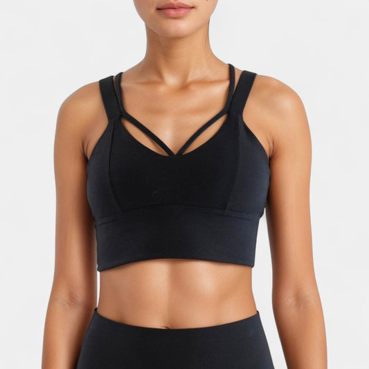 Anna-Kaci Active Women's Strappy V Neck Sports Bra Top with Wide Shoulder Bands and Soft Stretch Fabric