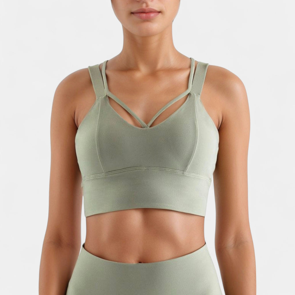 Anna-Kaci Active Women's Strappy V Neck Sports Bra Top with Wide Shoulder Bands and Soft Stretch Fabric