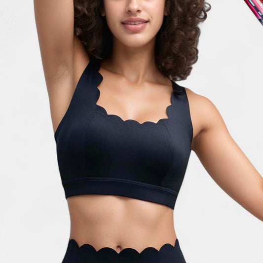 Anna-Kaci Active Women's Scalloped Edge Sports Bra Top with Wide Straps and Soft Stretch Fabric