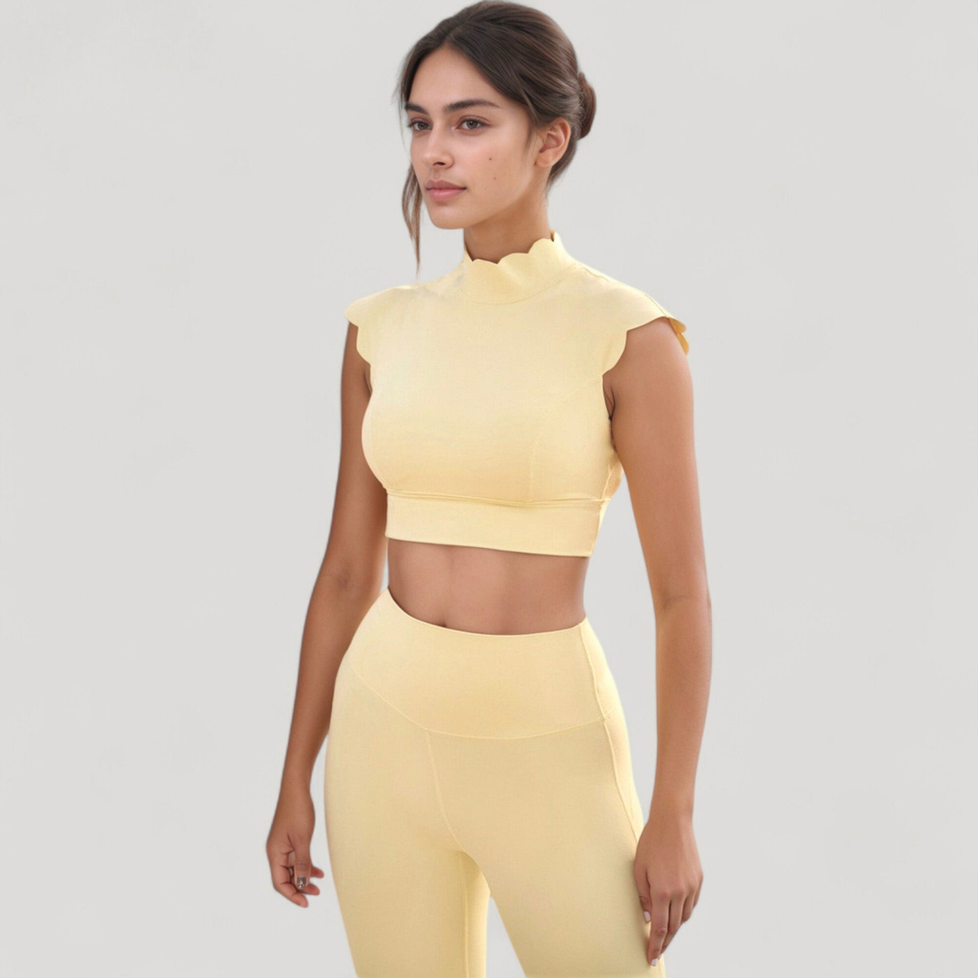 Anna-Kaci Active Women's Scallop Edge High Neck Cropped Top with Cap Sleeves and Open Back Detail