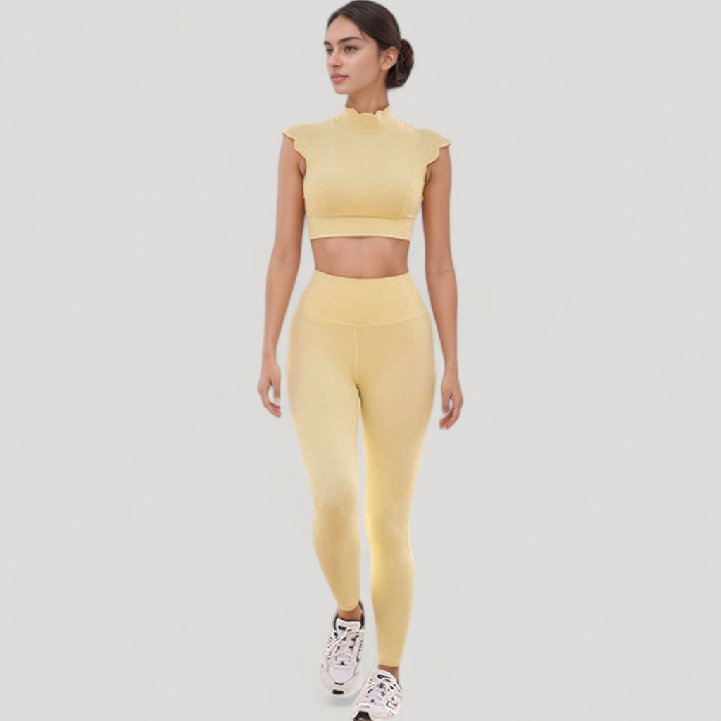Anna-Kaci Active Women's Scallop Edge High Neck Cropped Top with Cap Sleeves and Open Back Detail