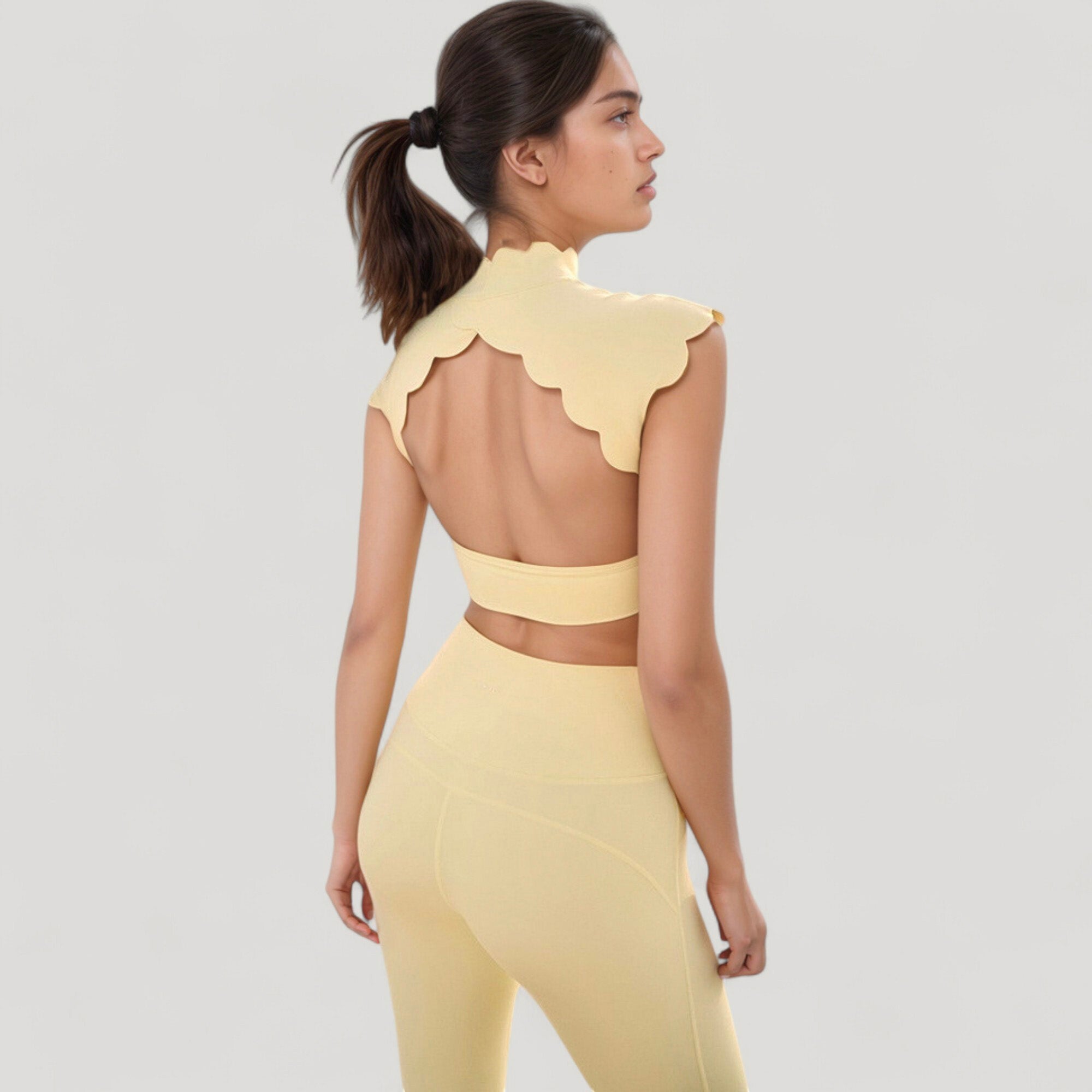 Anna-Kaci Active Women's Scallop Edge High Neck Cropped Top with Cap Sleeves and Open Back Detail