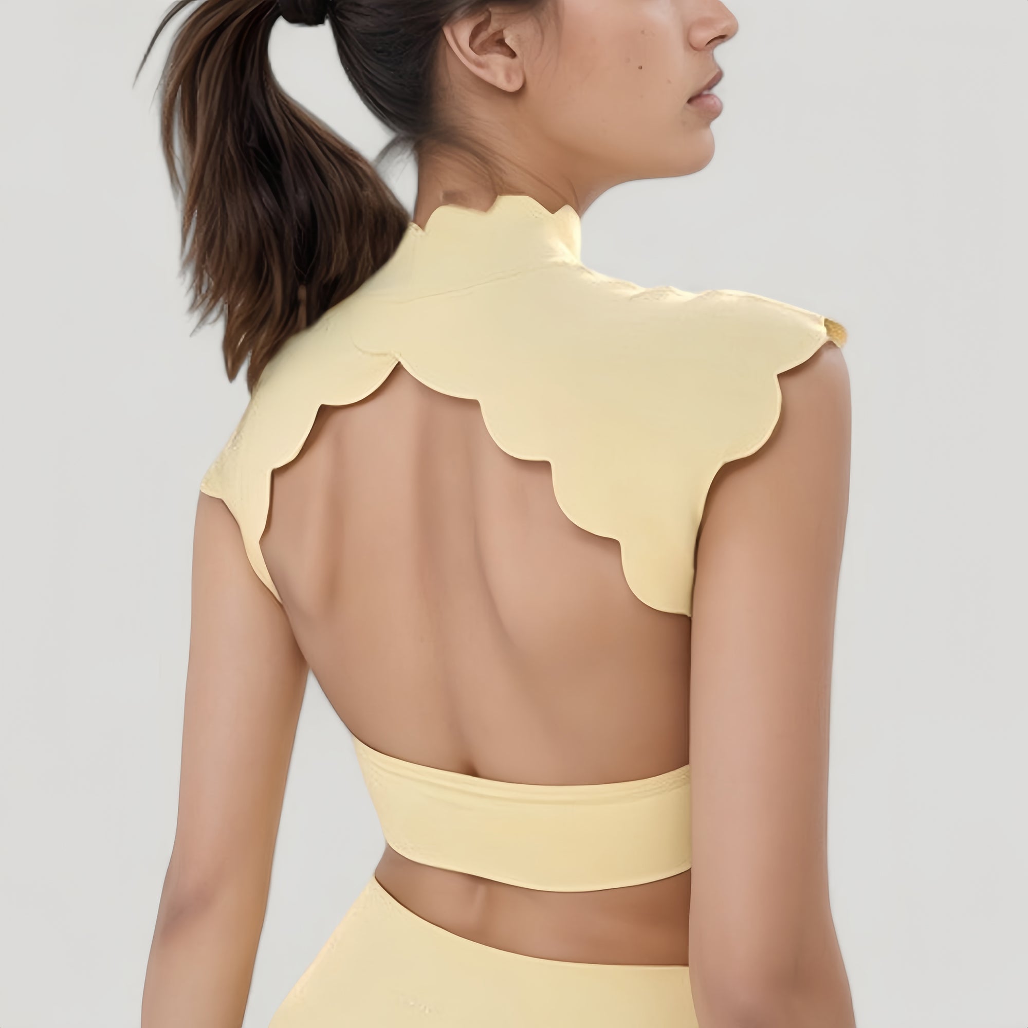 Anna-Kaci Active Women's Scallop Edge High Neck Cropped Top with Cap Sleeves and Open Back Detail