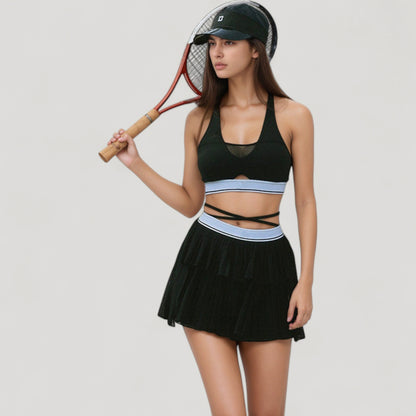 Anna-Kaci Active Women's Athletic Pleated Mini Skirt with Double Layer Mesh Design and Contrast Waistband