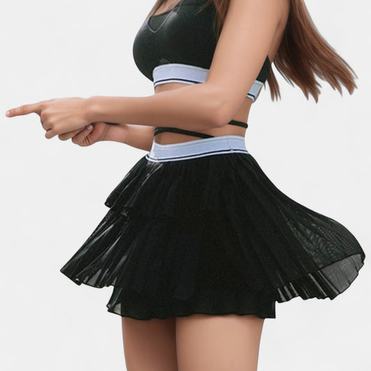 Anna-Kaci Active Women's Athletic Pleated Mini Skirt with Double Layer Mesh Design and Contrast Waistband