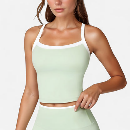 Anna-Kaci Active Women's Square Neck Cropped Active Tank with Contrast Trim and Built-In Bra for Light Support