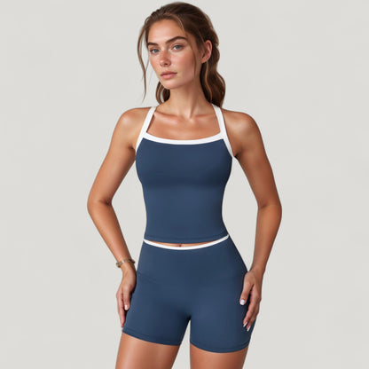 Anna-Kaci Active Women's Square Neck Cropped Active Tank with Contrast Trim and Built-In Bra for Light Support