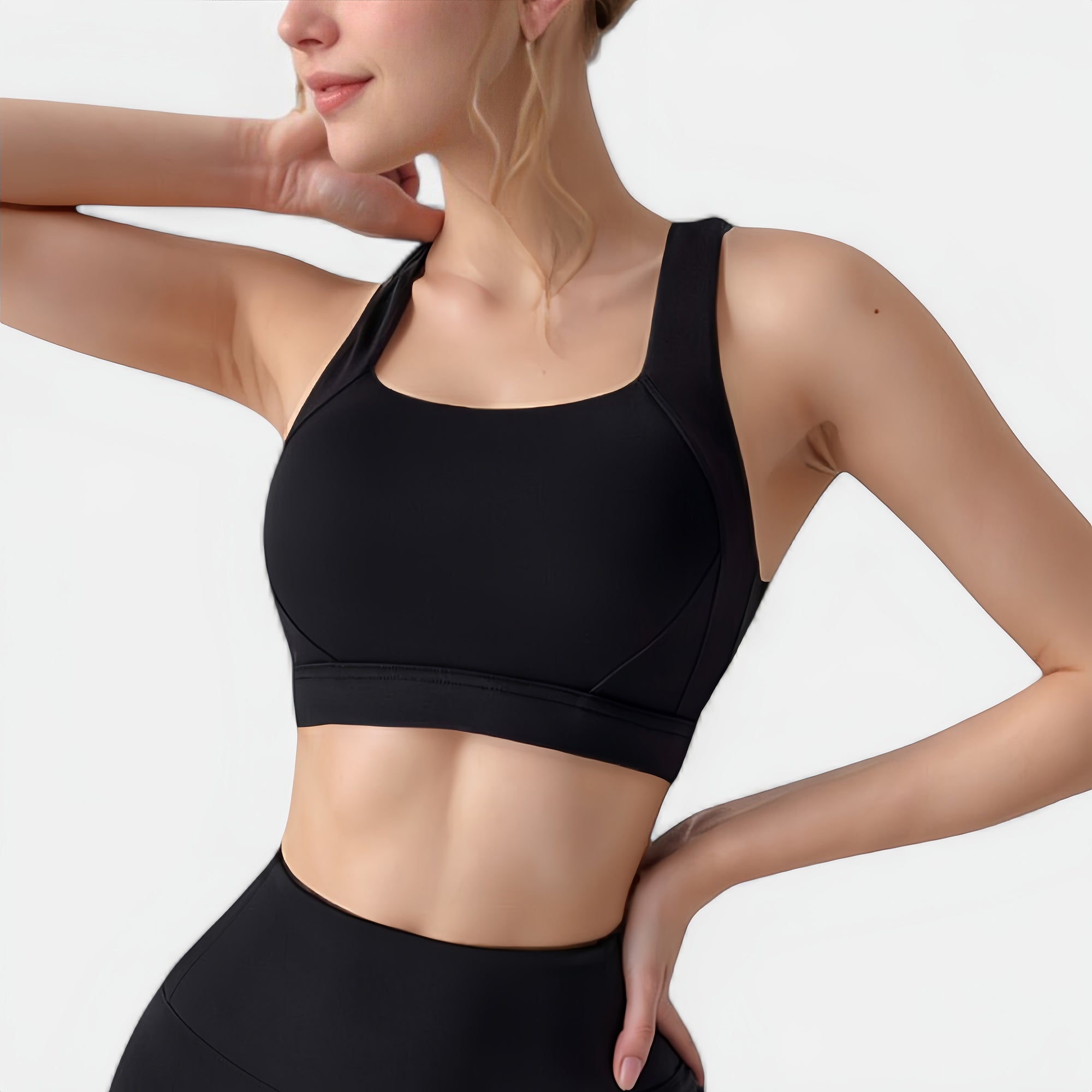 Anna-Kaci Active Women's Wide Strap Square Neck Sports Bra Top with Sculpted Seam Detail and Cropped Fit