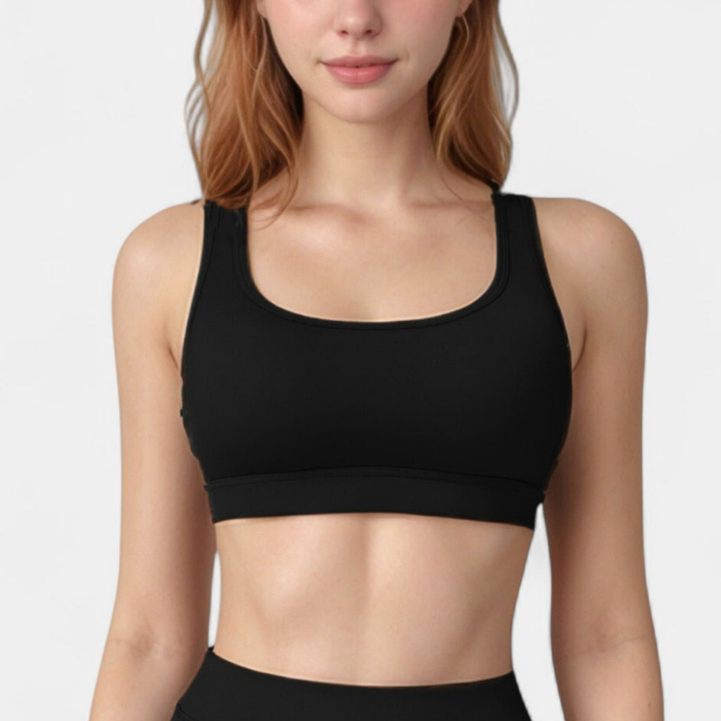Women's Scoop Neck Sports Bra with Wide Shoulder Straps and Soft Stretch Fabric for Low to Medium Impact