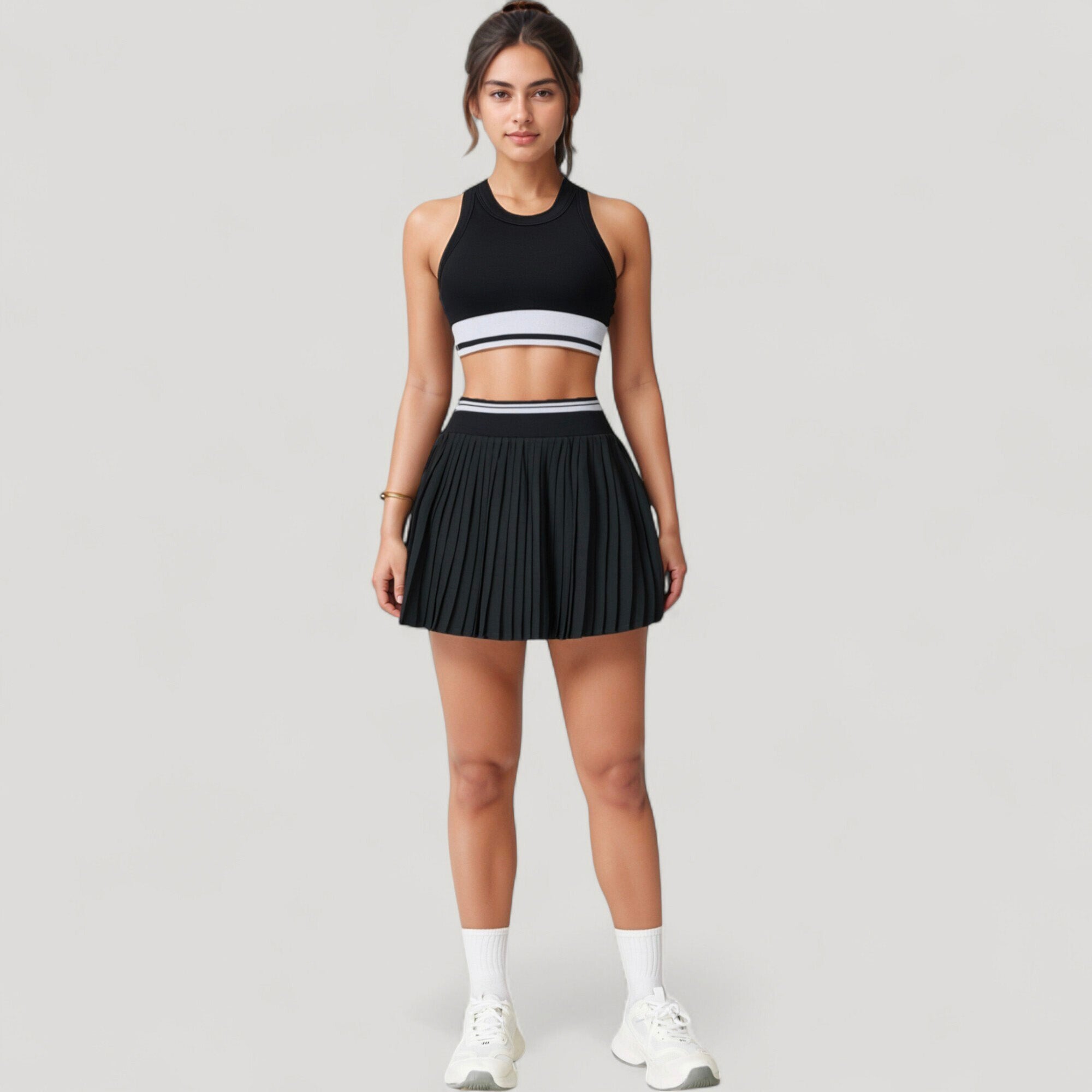 Anna-Kaci Active Women's High Neck Crop Top with Contrast Stripe Hem and Fitted Athletic Design