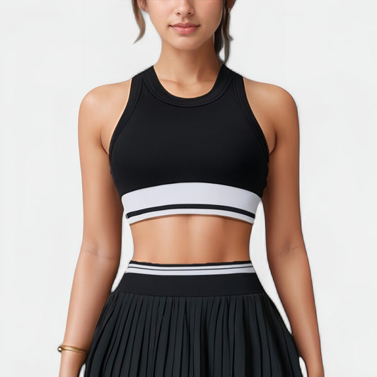 Anna-Kaci Active Women's High Neck Crop Top with Contrast Stripe Hem and Fitted Athletic Design