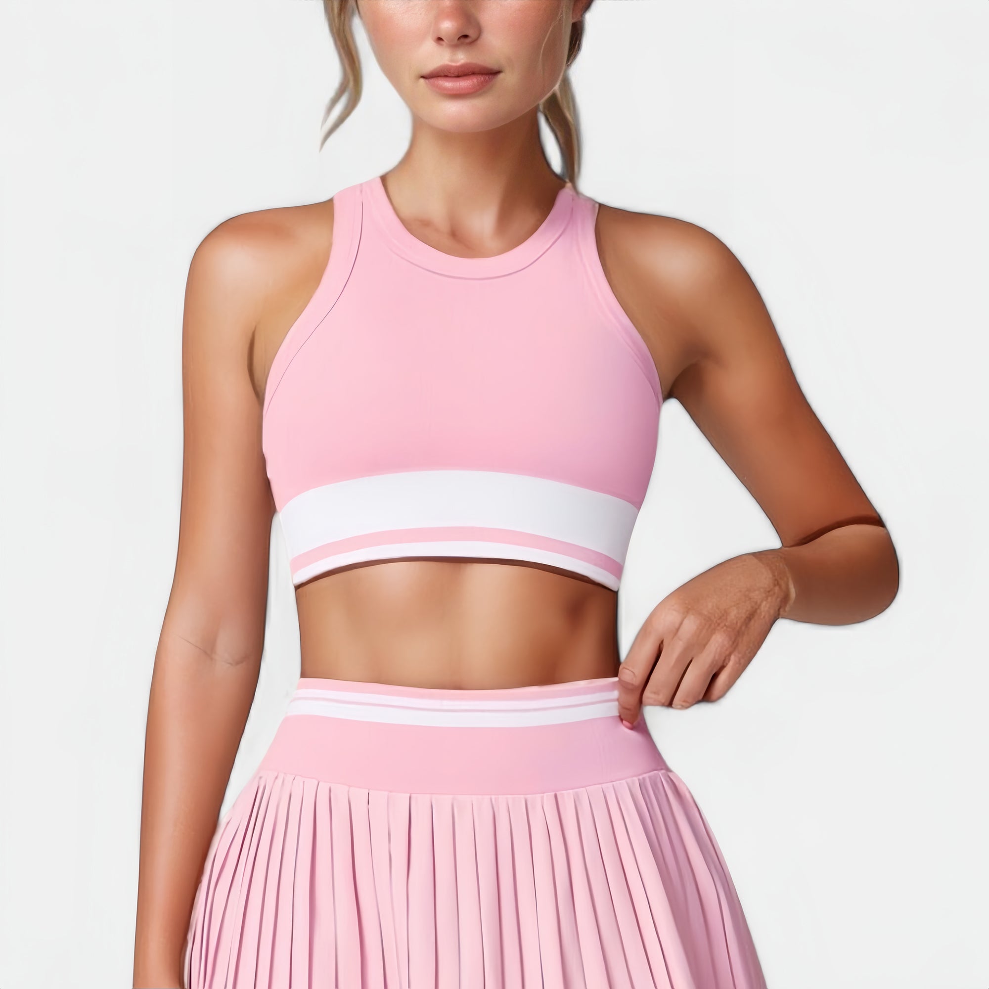 Anna-Kaci Active Women's High Neck Crop Top with Contrast Stripe Hem and Fitted Athletic Design