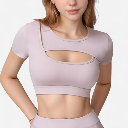 Anna-Kaci Active Women's Short Sleeve Cropped Active Top with Keyhole Front Cutout and Built-In Bra for Medium Support