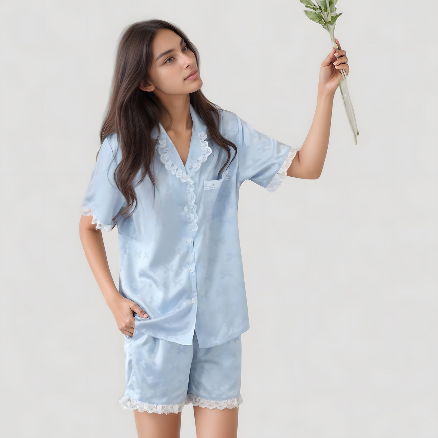 Anna-Kaci Lounge Women's Short Sleeve Satin Pajama Set with Button Down Top Elastic Waist Shorts and Lace Trim Detail