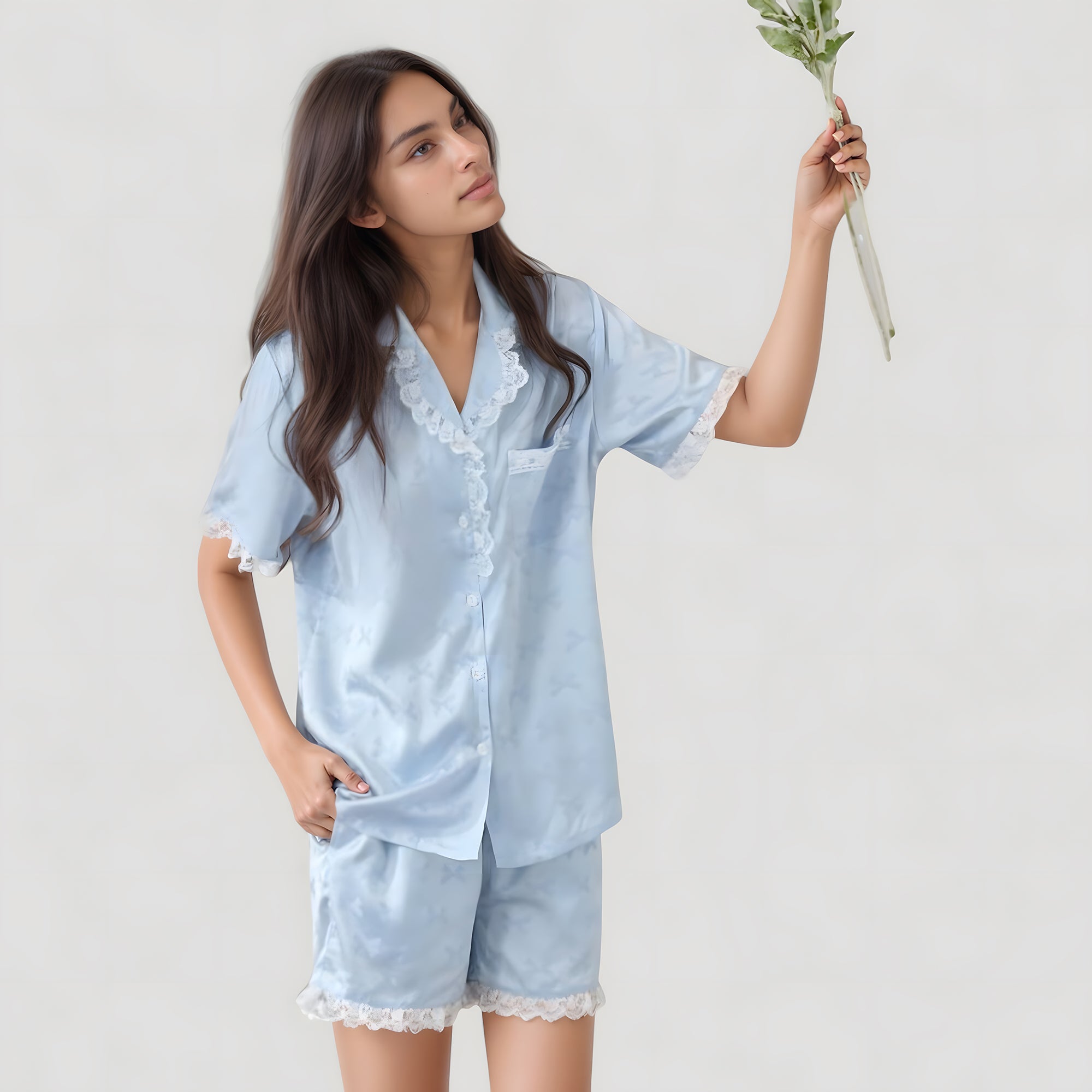 Anna-Kaci Lounge Women's Short Sleeve Satin Pajama Set with Button Down Top Elastic Waist Shorts and Lace Trim Detail