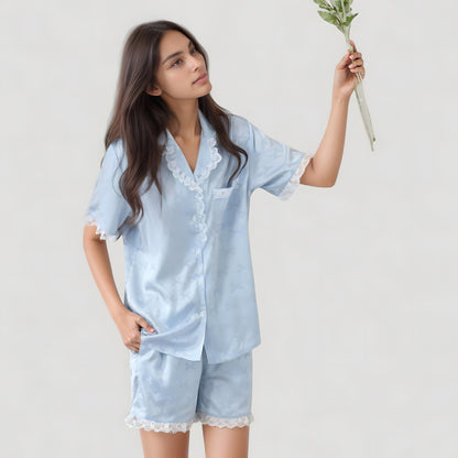Anna-Kaci Lounge Women's Short Sleeve Satin Pajama Set with Button Down Top Elastic Waist Shorts and Lace Trim Detail