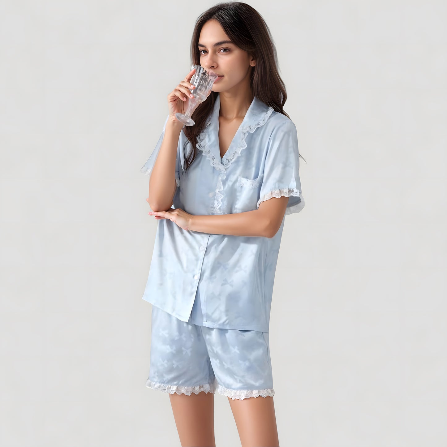 Anna-Kaci Lounge Women's Short Sleeve Satin Pajama Set with Button Down Top Elastic Waist Shorts and Lace Trim Detail