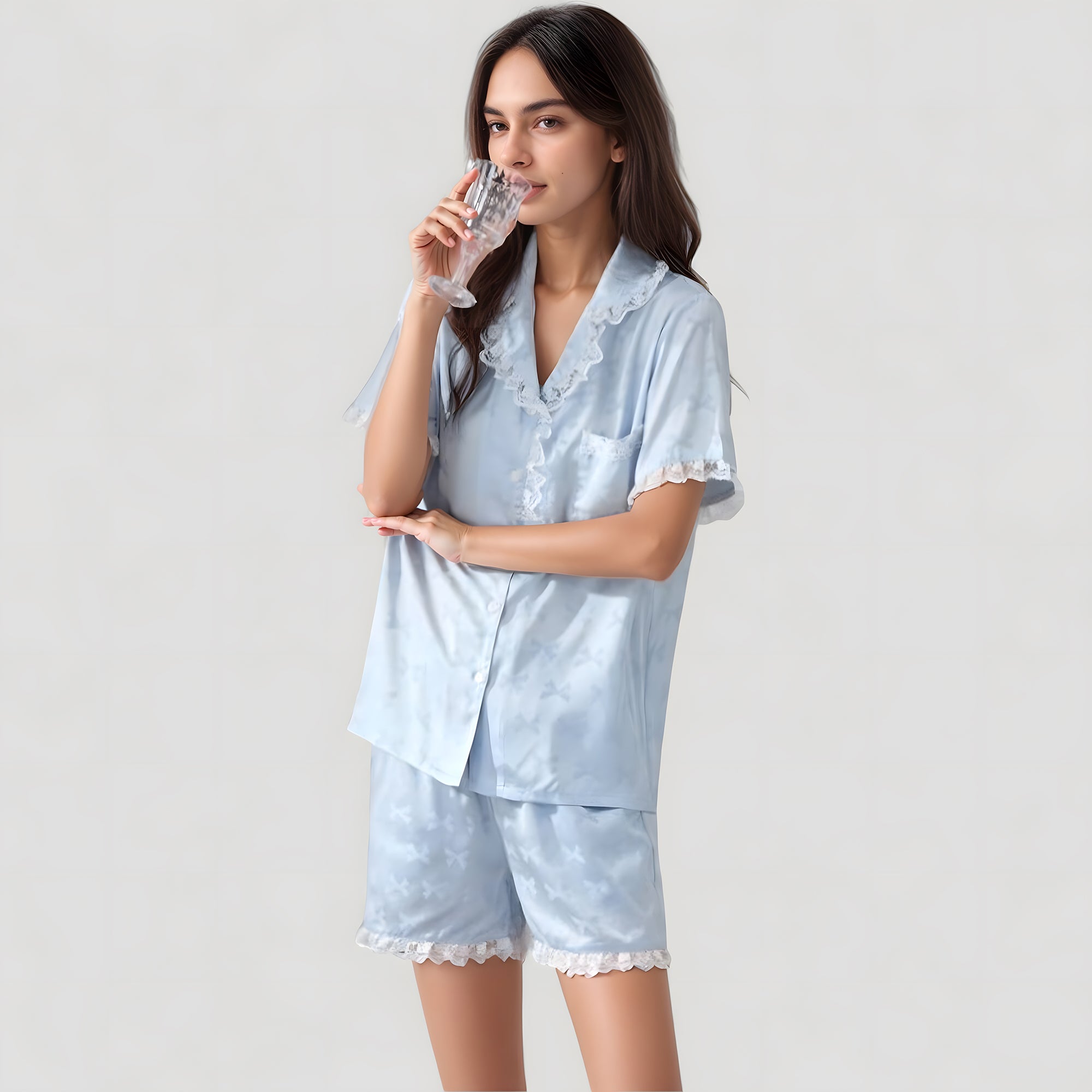 Anna-Kaci Lounge Women's Short Sleeve Satin Pajama Set with Button Down Top Elastic Waist Shorts and Lace Trim Detail