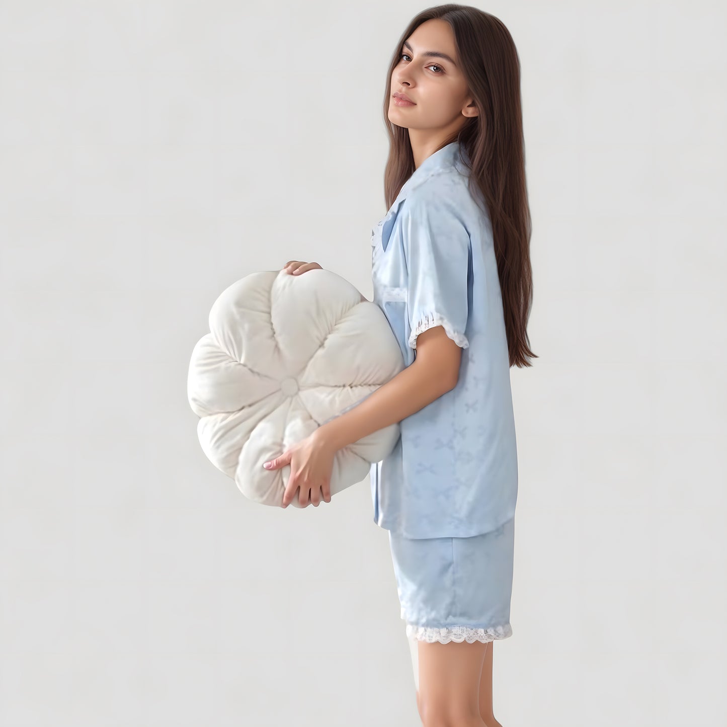 Anna-Kaci Lounge Women's Short Sleeve Satin Pajama Set with Button Down Top Elastic Waist Shorts and Lace Trim Detail