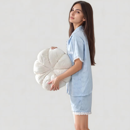 Anna-Kaci Lounge Women's Short Sleeve Satin Pajama Set with Button Down Top Elastic Waist Shorts and Lace Trim Detail