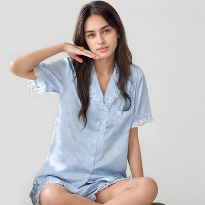Anna-Kaci Lounge Women's Short Sleeve Satin Pajama Set with Button Down Top Elastic Waist Shorts and Lace Trim Detail