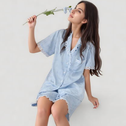 Anna-Kaci Lounge Women's Short Sleeve Satin Pajama Set with Button Down Top Elastic Waist Shorts and Lace Trim Detail
