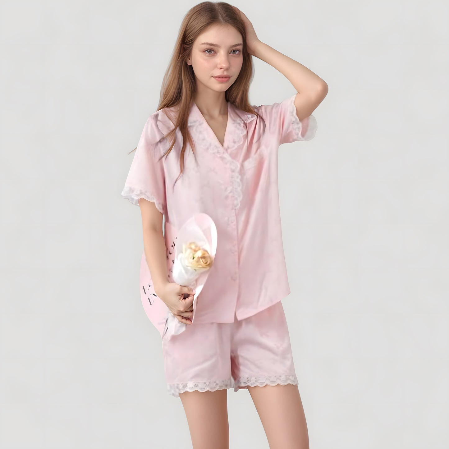 Anna-Kaci Lounge Women's Short Sleeve Satin Pajama Set with Button Down Top Elastic Waist Shorts and Lace Trim Detail