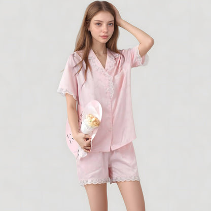 Anna-Kaci Lounge Women's Short Sleeve Satin Pajama Set with Button Down Top Elastic Waist Shorts and Lace Trim Detail