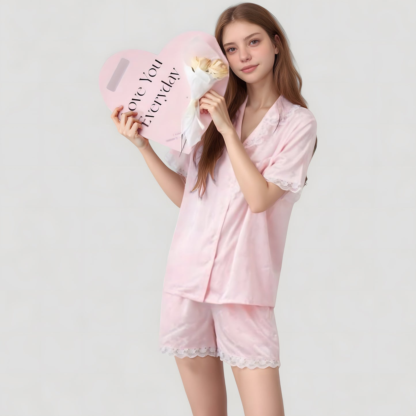 Anna-Kaci Lounge Women's Short Sleeve Satin Pajama Set with Button Down Top Elastic Waist Shorts and Lace Trim Detail