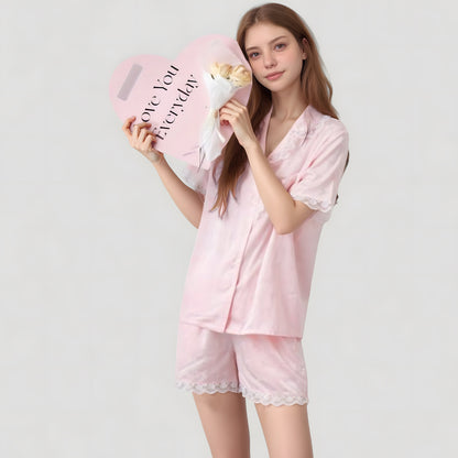 Anna-Kaci Lounge Women's Short Sleeve Satin Pajama Set with Button Down Top Elastic Waist Shorts and Lace Trim Detail