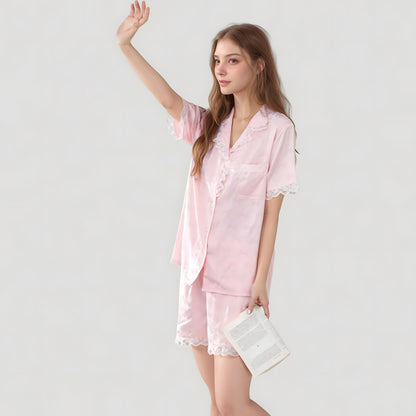 Anna-Kaci Lounge Women's Short Sleeve Satin Pajama Set with Button Down Top Elastic Waist Shorts and Lace Trim Detail