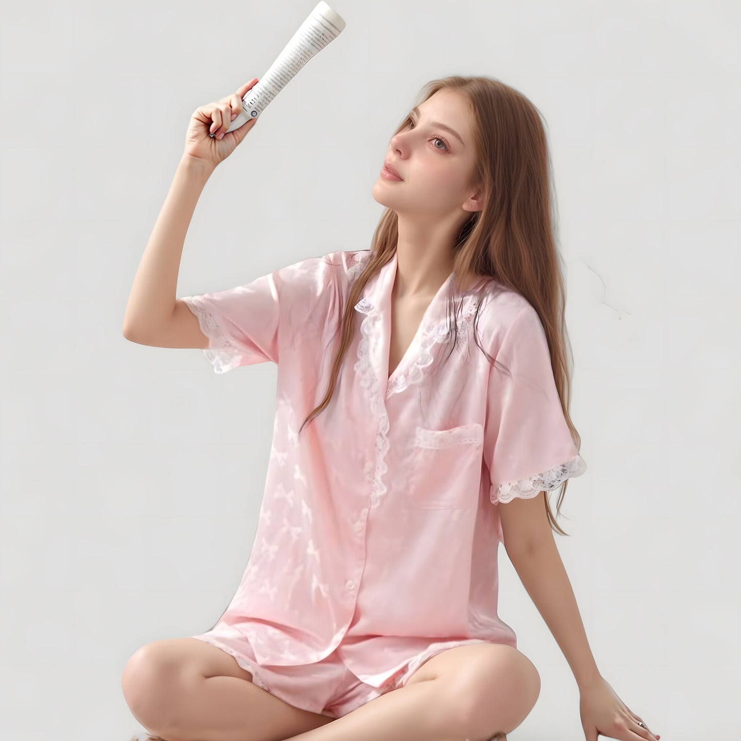 Anna-Kaci Lounge Women's Short Sleeve Satin Pajama Set with Button Down Top Elastic Waist Shorts and Lace Trim Detail