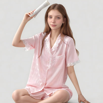 Anna-Kaci Lounge Women's Short Sleeve Satin Pajama Set with Button Down Top Elastic Waist Shorts and Lace Trim Detail