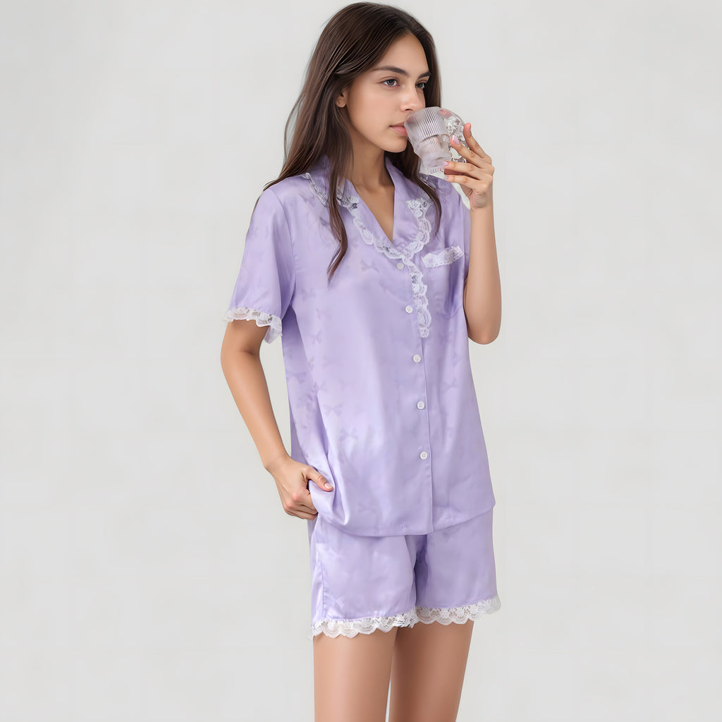 Anna-Kaci Lounge Women's Short Sleeve Satin Pajama Set with Button Down Top Elastic Waist Shorts and Lace Trim Detail