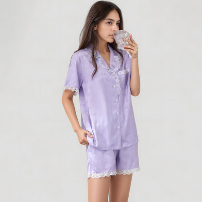 Anna-Kaci Lounge Women's Short Sleeve Satin Pajama Set with Button Down Top Elastic Waist Shorts and Lace Trim Detail