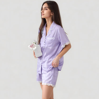 Anna-Kaci Lounge Women's Short Sleeve Satin Pajama Set with Button Down Top Elastic Waist Shorts and Lace Trim Detail
