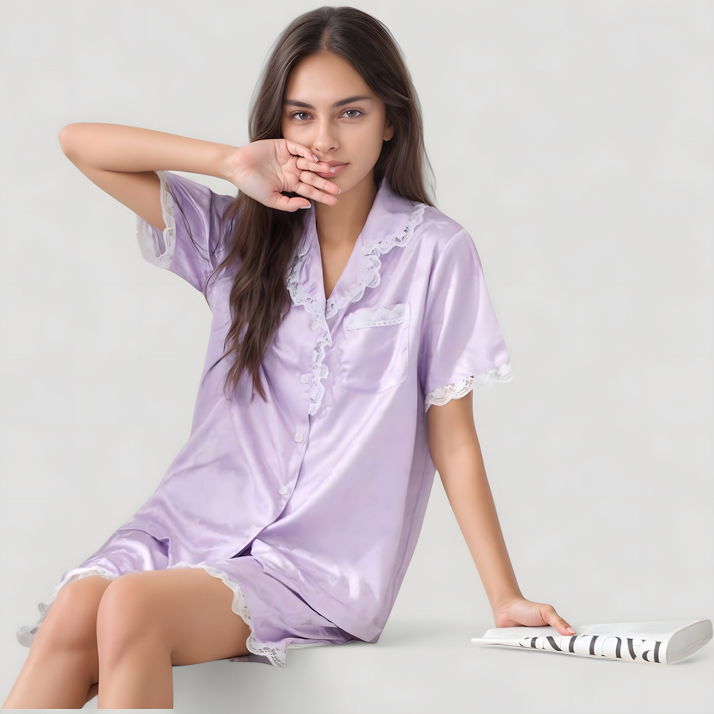 Anna-Kaci Lounge Women's Short Sleeve Satin Pajama Set with Button Down Top Elastic Waist Shorts and Lace Trim Detail